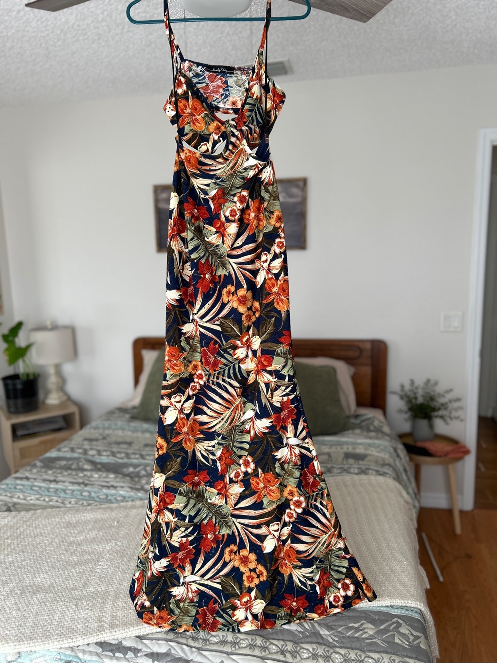 Lovely Day Navy Floral Maxi Dress with Orange & Green Tropical Print